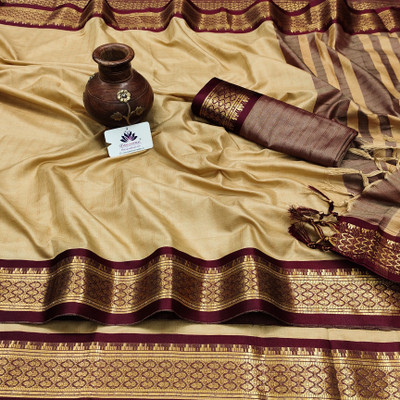sanvi Woven, Checkered, Embellished, Self Design Daily Wear Jacquard, Cotton Silk Saree(Beige)
