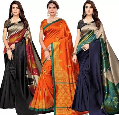 Grubstaker Printed Assam Silk Art Silk Saree(Pack of 3, Multicolor)