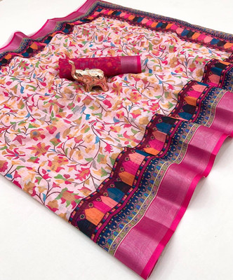 mohur trends Floral Print, Printed Handloom Cotton Linen Saree(Pink)