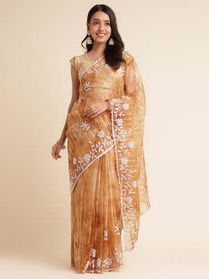 FABMORA Embellished Bollywood Organza Saree(Brown)