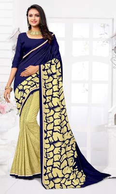 KISSAH Geometric Print Bollywood Georgette Saree(Dark Blue, Beige)