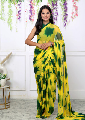 Ashwamegh Creation Checkered, Self Design, Digital Print, Printed, Hand Painted Bandhani Chiffon Saree(Yellow, Green)