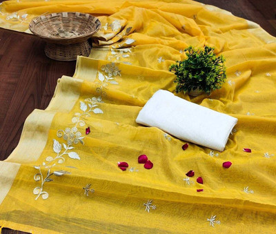 GLOWMOROUS Embroidered Chanderi Chanderi Saree(Yellow)