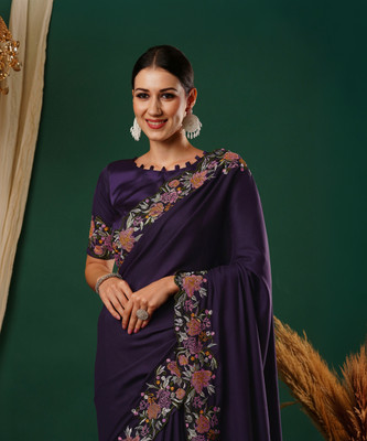 Samah Embroidered, Dyed Bollywood Satin Saree(Purple, Multicolor)