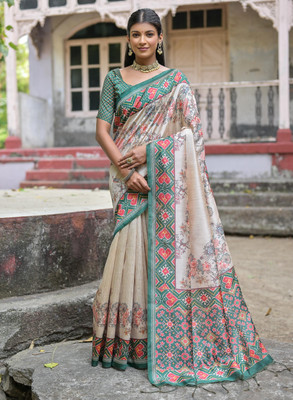 Tasrika Printed Patola Tussar Silk Saree(Beige, Green)