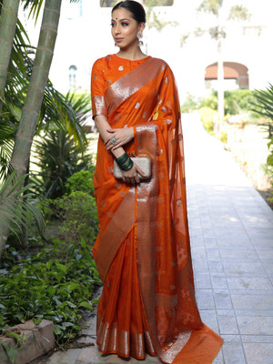 Banarasee Printed Banarasi Chiffon Saree(Orange)