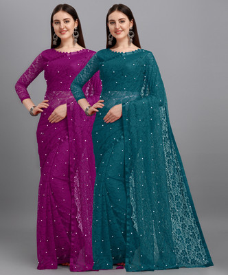 LOROFY Self Design Bollywood Net Saree(Pack of 2, Purple, Dark Green)