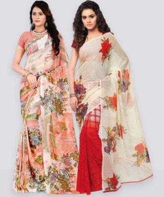 Anand Sarees Printed Daily Wear Georgette Saree(Pack of 2, Red, Cream)