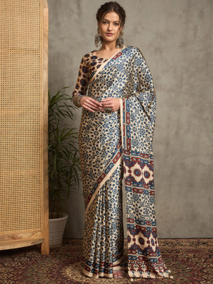 ANOUK Printed Hand Batik Crepe Saree(Cream)