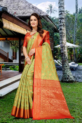 jayant creation Woven Banarasi Silk Blend, Jacquard Saree(Light Green, Orange)