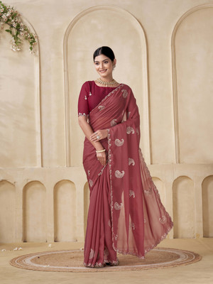 BELLETRENDZ Embroidered Bollywood Silk Blend Saree(Red)