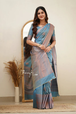 KRISHU ETHNICS Applique Banarasi Art Silk Saree(Blue)