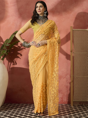 manvaa Embellished Daily Wear Net Saree(Yellow)