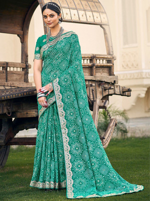 ANOUK Printed Bandhani Silk Blend Saree(Light Green)