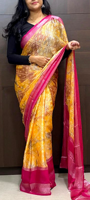 VD PRINTS Printed Bandhani Chiffon Saree(Yellow)