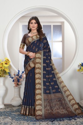 Pisara Printed Kanjivaram Cotton Silk Saree(Dark Blue)