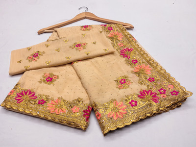 MIYANIFAB Embroidered Bollywood Georgette Saree(Beige)