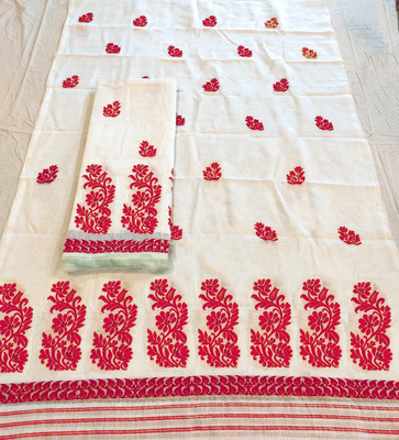 white desert Self Design Mekhela Chador Cotton Silk Saree(White)