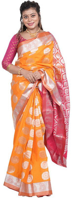 Kaàlors Woven Kanjivaram Silk Blend Saree(Orange)