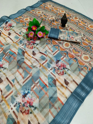 PRTRENDZ Digital Print Kanjivaram Linen, Cotton Linen Saree(Multicolor)