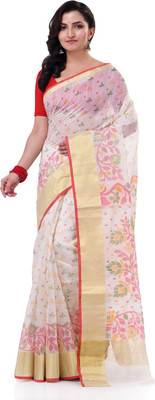 TANTLOOM Printed Handloom Handloom Cotton Blend Saree(White)
