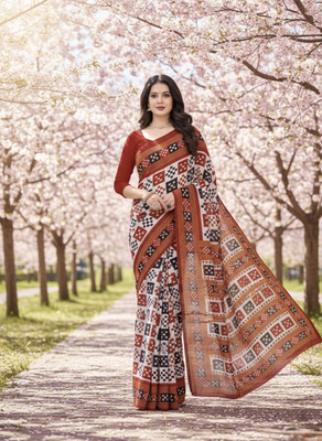 Tareninx Printed Sambalpuri Pure Cotton Saree(White)