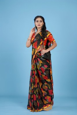 Onish Lifestyle Printed, Floral Print, Geometric Print Bollywood Georgette, Jacquard Saree(Black, Multicolor)
