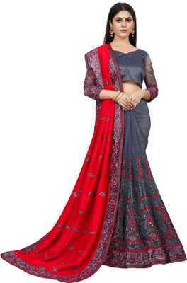 b bella creation Embroidered Bollywood Net, Art Silk Saree(Red)