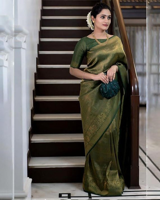 Moksha trends Self Design Banarasi Silk Blend Saree(Green)