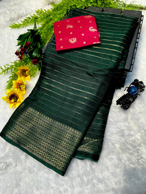 Anuradha Enterprise Striped, Woven Bollywood Silk Blend Saree(Dark Green)