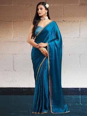 Croza Solid/Plain Bollywood Dupion Silk Saree(Blue)