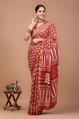 MANIHARI Printed, Blocked Printed, Hand Painted, Floral Print Daily Wear Pure Cotton Saree(Red)
