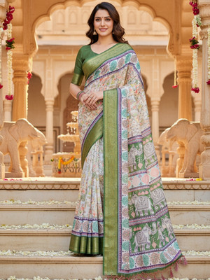 ZAMUNA Digital Print, Floral Print, Woven, Animal Print Banarasi Tussar Silk, Linen Saree(Green, White)
