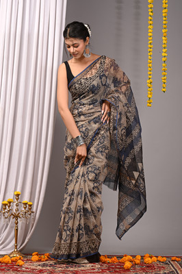 Taavi Blocked Printed Kota Doria Cotton Blend Saree(Blue)