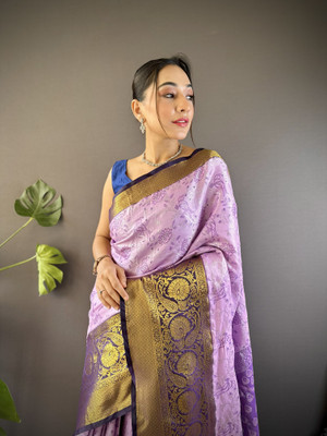 SHARDHA FASHION Woven, Embroidered, Embellished Banarasi Pure Silk Saree(Black, Yellow, Purple)