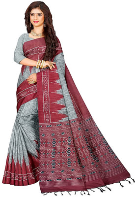 maadurga Printed Sambalpuri Cotton Blend Saree(Grey)