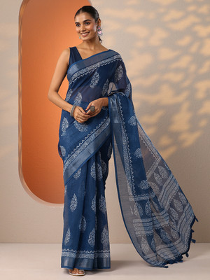LIBAS Printed Daily Wear Cotton Blend Saree(Blue)