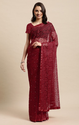 LOROFY Embellished Bollywood Net, Jacquard Saree(Maroon)