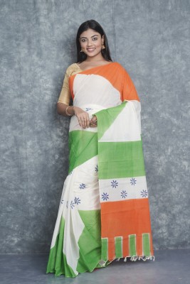 tantial Blocked Printed Daily Wear Pure Cotton Saree(Orange, Blue, Green)