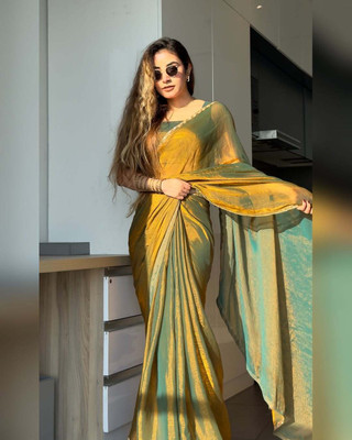 ANJAVI FASHION Solid/Plain Bollywood Jimmy choo Saree(Dark Green, Gold)