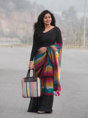 SRINJAN FASHION Printed Handloom Handloom Cotton Linen Saree(Multicolor)