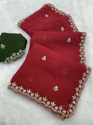 saanvi Embroidered Bollywood Jimmy choo, Chiffon Saree(Red)
