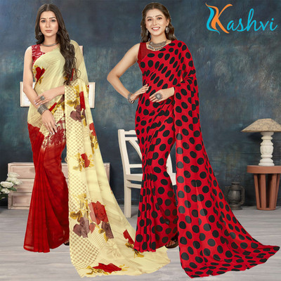 kashvi sarees Floral Print Daily Wear Georgette Saree(Pack of 2, Pink, Beige, Multicolor)