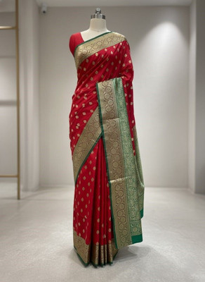 ANKUR Embroidered Banarasi Satin Saree(Red)