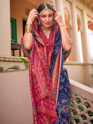 ANOUK Printed Patola Silk Blend Saree(Dark Blue)