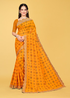 MAN PRIYA TRENDZ Animal Print Bandhani Georgette Saree(Yellow)