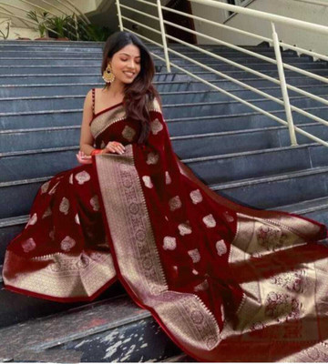 AA AAGIRI Self Design, Woven, Embellished, Applique Banarasi Jacquard, Art Silk Saree(Maroon)