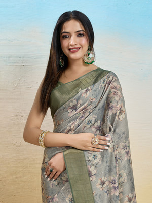 shoplance Printed Bollywood Tissue Saree(Grey)