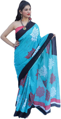 Kiaaron Printed Ikkat Pure Cotton Saree(Blue)