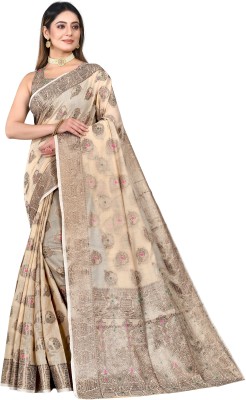 NIYAMI Printed, Self Design, Woven, Floral Print Banarasi Jacquard, Cotton Silk Saree(Cream)